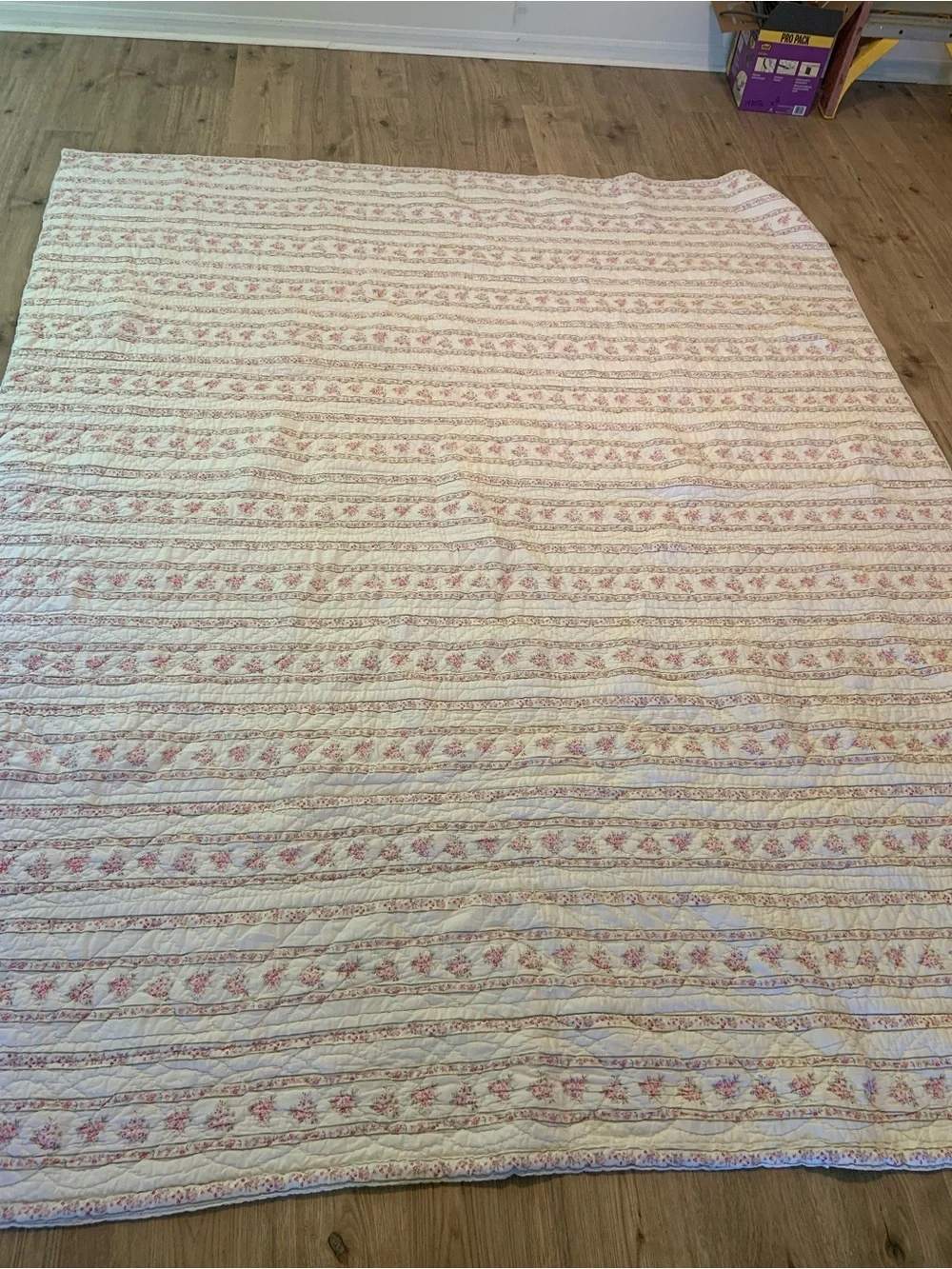 Light Pink Floral Stripe Quilt - Home Bedding. Shabby Chic 87x110